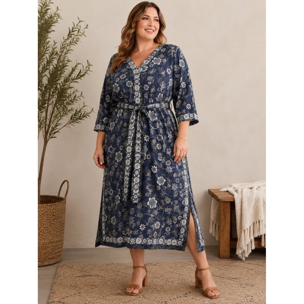 Isabella Bird Anthropologie 100% Silk Floral Maxi Dress Sz 16 Blue Cottage 1241